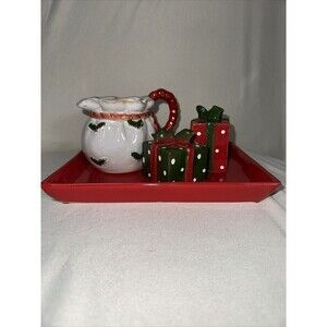 Holiday Sleigh Salt & Pepper Shaker Set Christmas Presents With Tray And Saucer